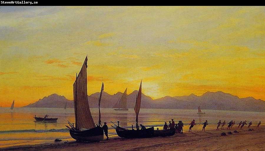 Albert Bierstadt Boats Ashore at Sunset